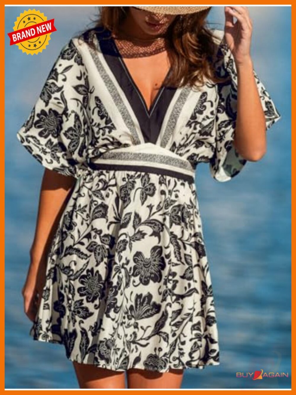Plunging V Neck Floral Mini Dress Elastic Waist - Picture 4 of 5